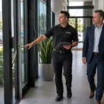 Security consultant conducting a site survey with a property manager at a Los Angeles commercial property