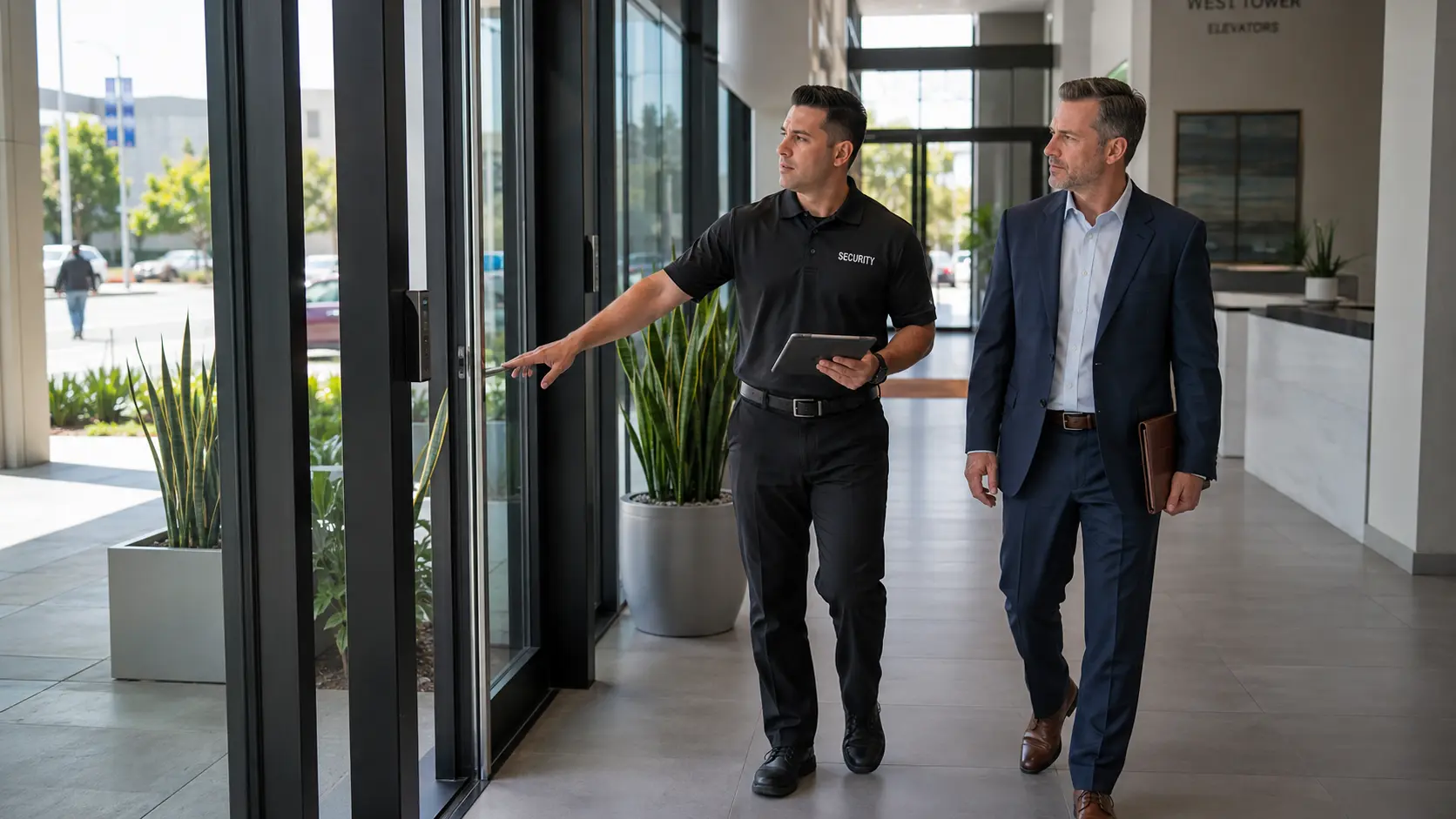Security consultant conducting a site survey with a property manager at a Los Angeles commercial property