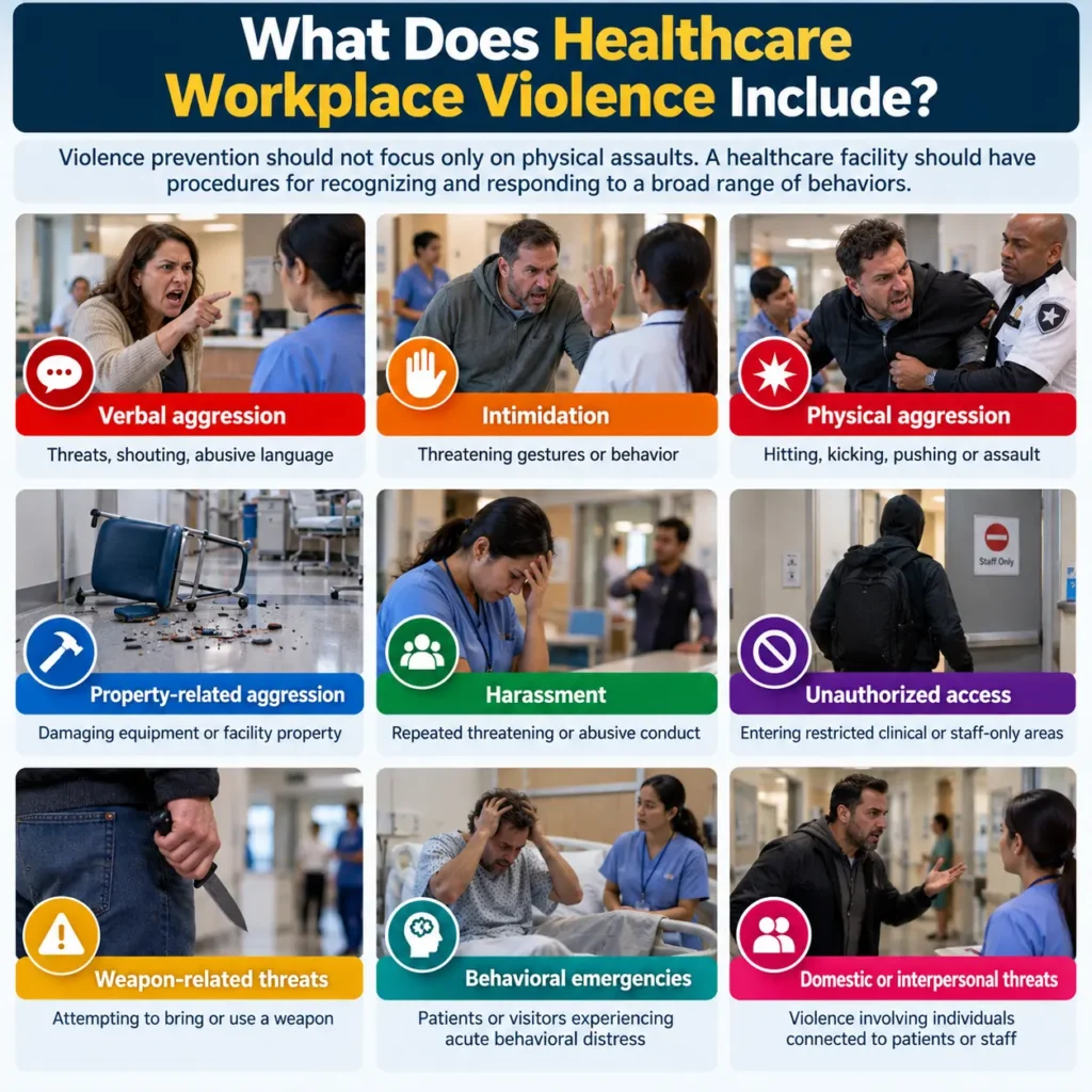 Healthcare workplace violence infographic showing verbal aggression, intimidation, physical aggression, property damage, harassment, unauthorized access, weapon-related threats, behavioral emergencies, and interpersonal threats.