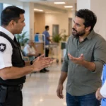 Security officer calmly speaking with a frustrated hospital visitor while a healthcare staff member observes nearby during a de-escalation interaction.
