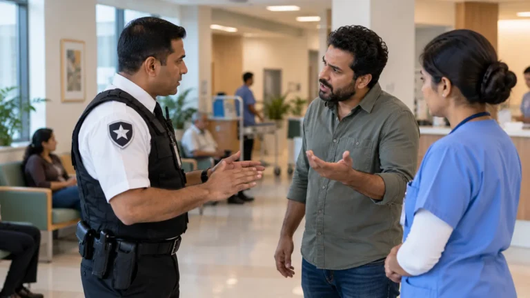 Security officer calmly speaking with a frustrated hospital visitor while a healthcare staff member observes nearby during a de-escalation interaction.