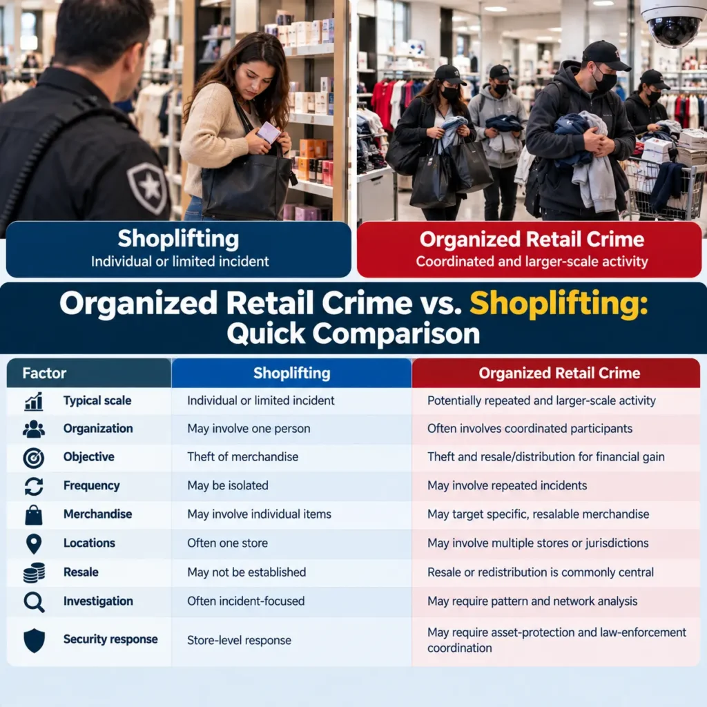 Quick comparison of shoplifting and organized retail crime by scale, organization, objective, frequency, merchandise, locations, resale, investigation, and security response.