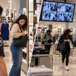 Retail security officer observing a suspected shoplifting incident alongside a separate group theft scenario in a modern store.