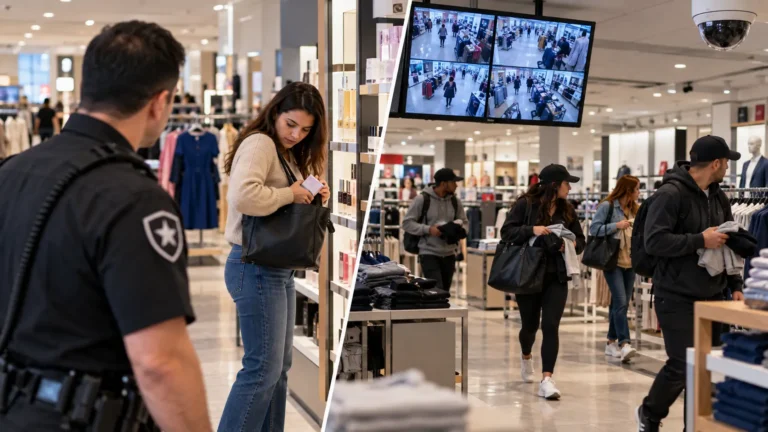 Retail security officer observing a suspected shoplifting incident alongside a separate group theft scenario in a modern store.
