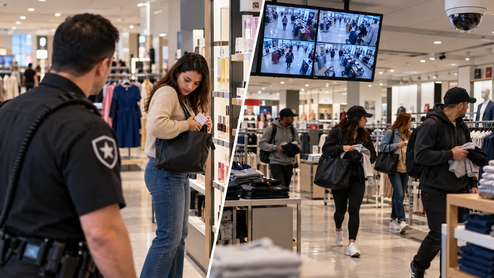 Retail security officer observing a suspected shoplifting incident alongside a separate group theft scenario in a modern store.