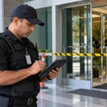 Security guard documenting a security incident at a commercial office building entrance using a rugged tablet