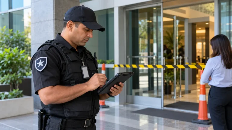 Security guard documenting a security incident at a commercial office building entrance using a rugged tablet