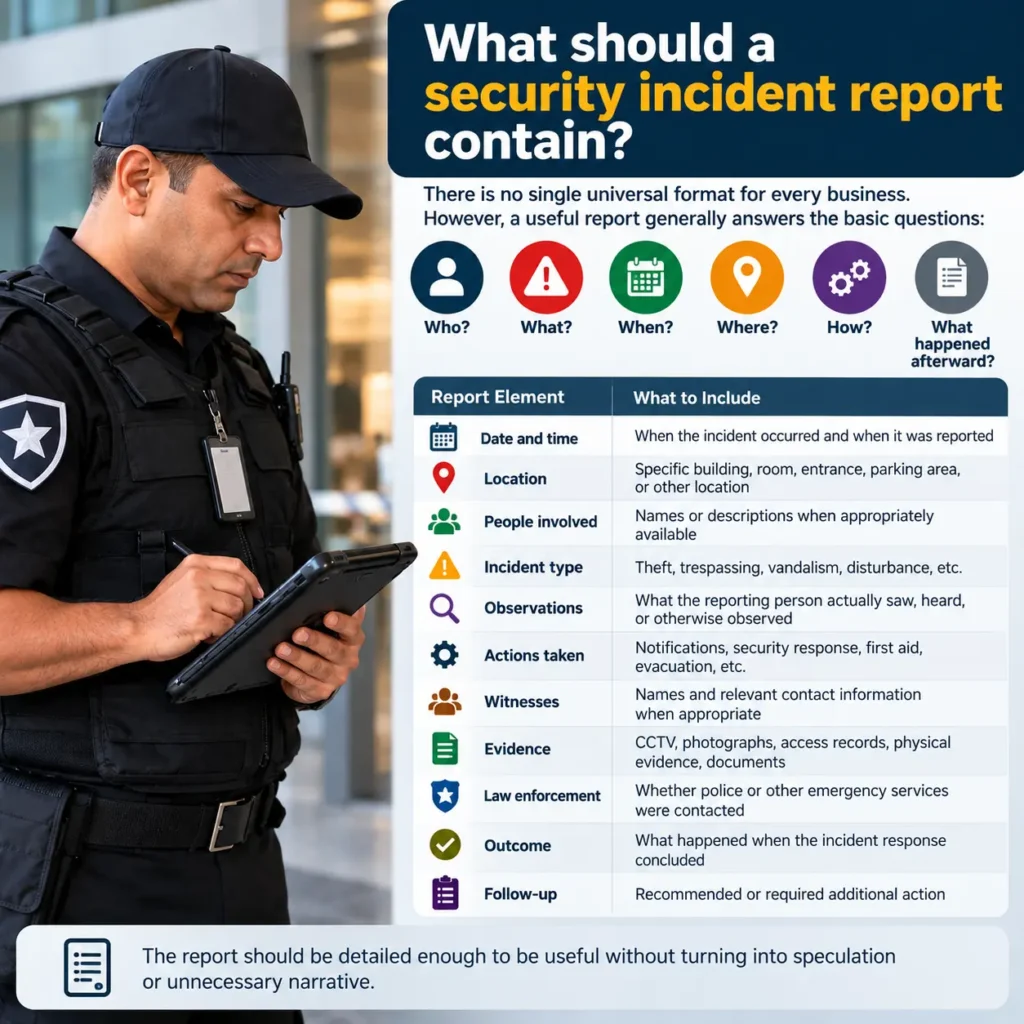 Security incident report checklist showing key information to document, including date, location, people involved, observations, actions, evidence, outcome, and follow-up.